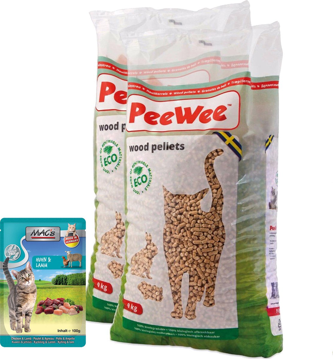 Productfoto 1 van Peewee Houtkorrels - Kattenbakvulling - 2 x 9 kg - Kattensnack