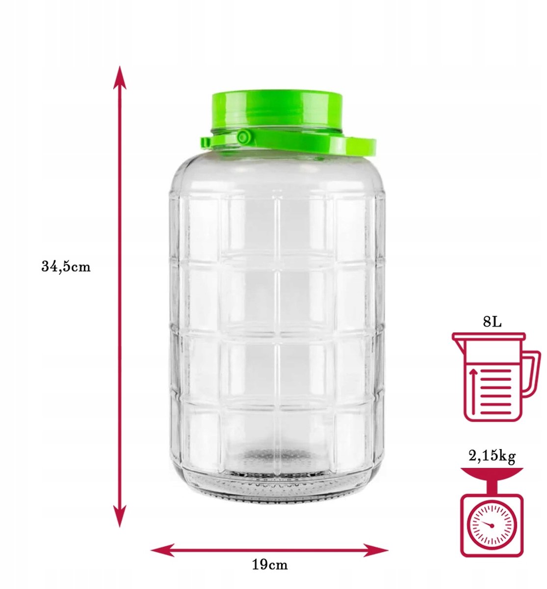 Productfoto 1 van Bimberek - Glazen Fermentatiepot - 8L - Met Handgreep - Voor Inmaak & Drankjes