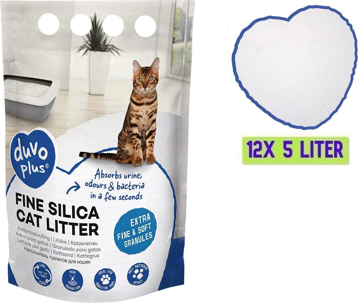 Productfoto 1 van Duvo Silica Premium - fijne silica - wit - 0,5-1,5mm - Kattenbakvulling - Bulk voordeel - 12x 5L