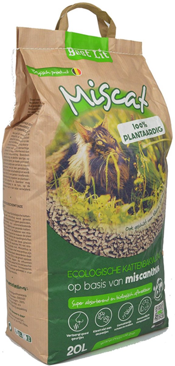 Productfoto 1 van Kattenbakvulling BEST LIT - MISCAT - 20 L - ecologisch op basis van miscanthus - verbergt goed geurtjes, kleeft niet aan de pootjes , gemakkelijk schoon te maken . eenvoudig te composteren -- + kattenbakschepje .
