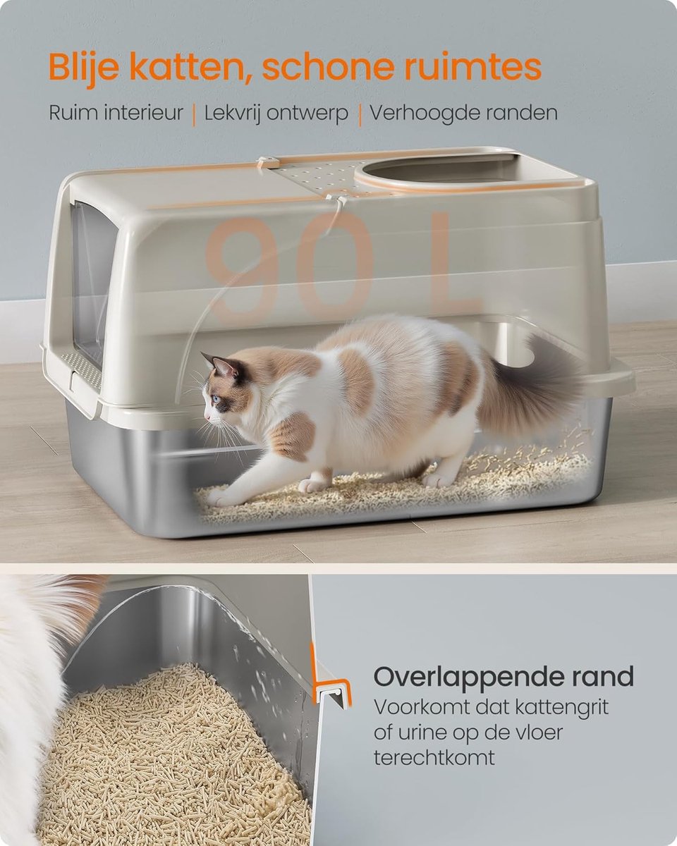 Productfoto 1 van Feandrea Nestbakje RVS XL Kattenbakkerdoos met Deksel met Schep, Borstel en 2 Ingangen voor Katten tot 15 kg, Cappuccino Beige