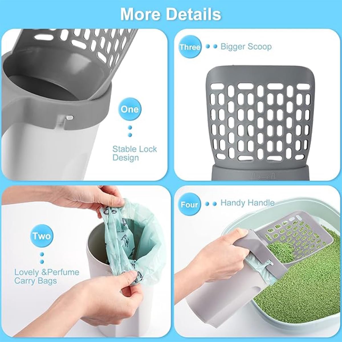 Productfoto 1 van 2-in-1 Kattenbak Schep met Container en Afvalzakken - Handige Vuilvrije Schep voor Klonterende Kattenbakvulling, Inclusief 7 Rollen Afvalzakken (Wit & Grijs)
