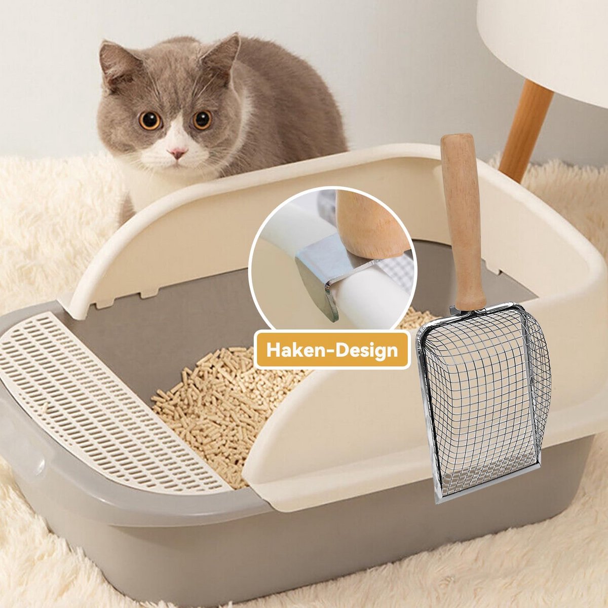 Productfoto 1 van Kattenbakschep van roestvrij staal met houten handvat - Fijne kattenbakschep voor optimale hygiëne