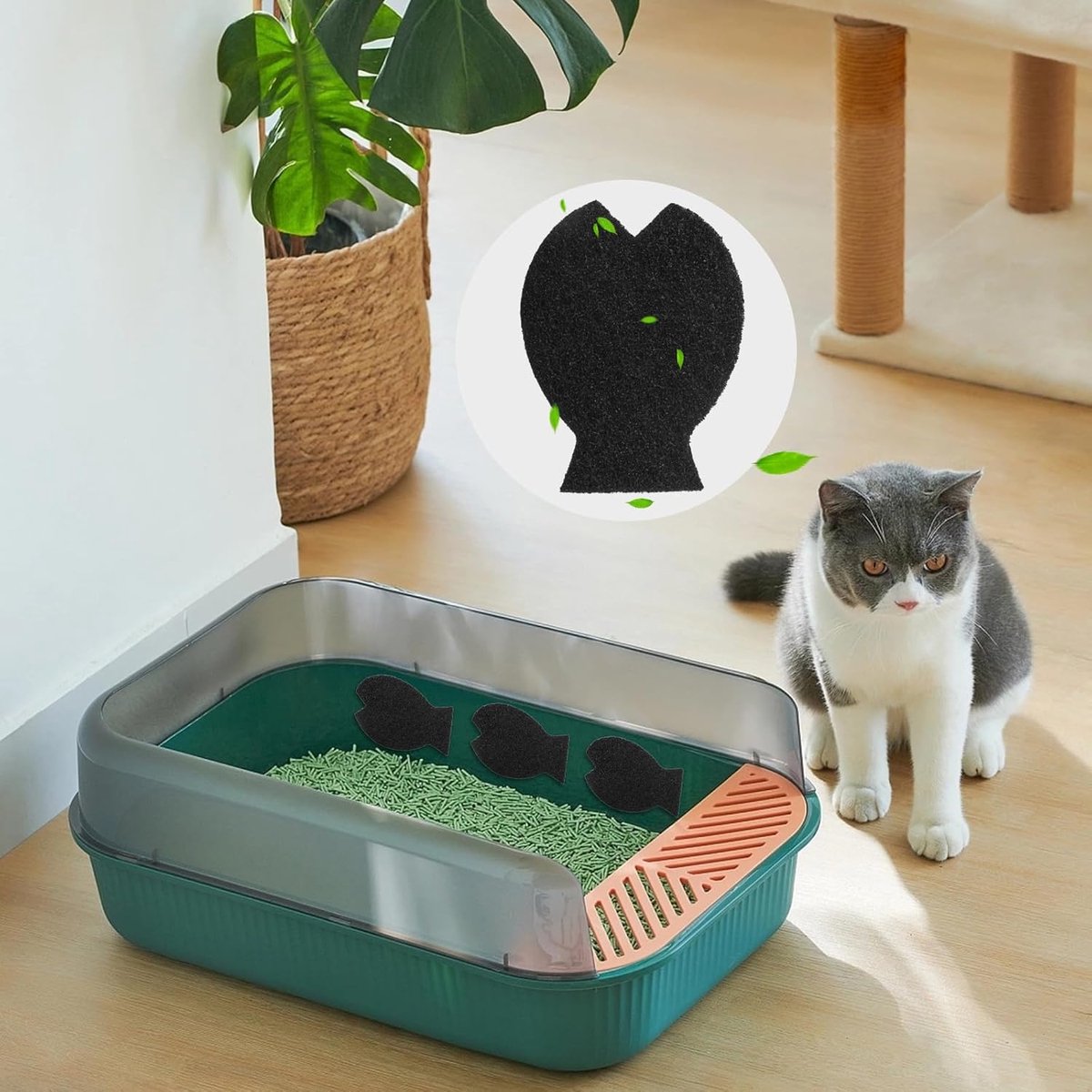Productfoto 1 van 6 Stuks Kattenbakfilters Vervangend, Visvorm Kattenbak Plakkerige Actieve Koolfilters Universele Pasvorm Kattenbakkoolfilters Om Het Huis Fris te Houden