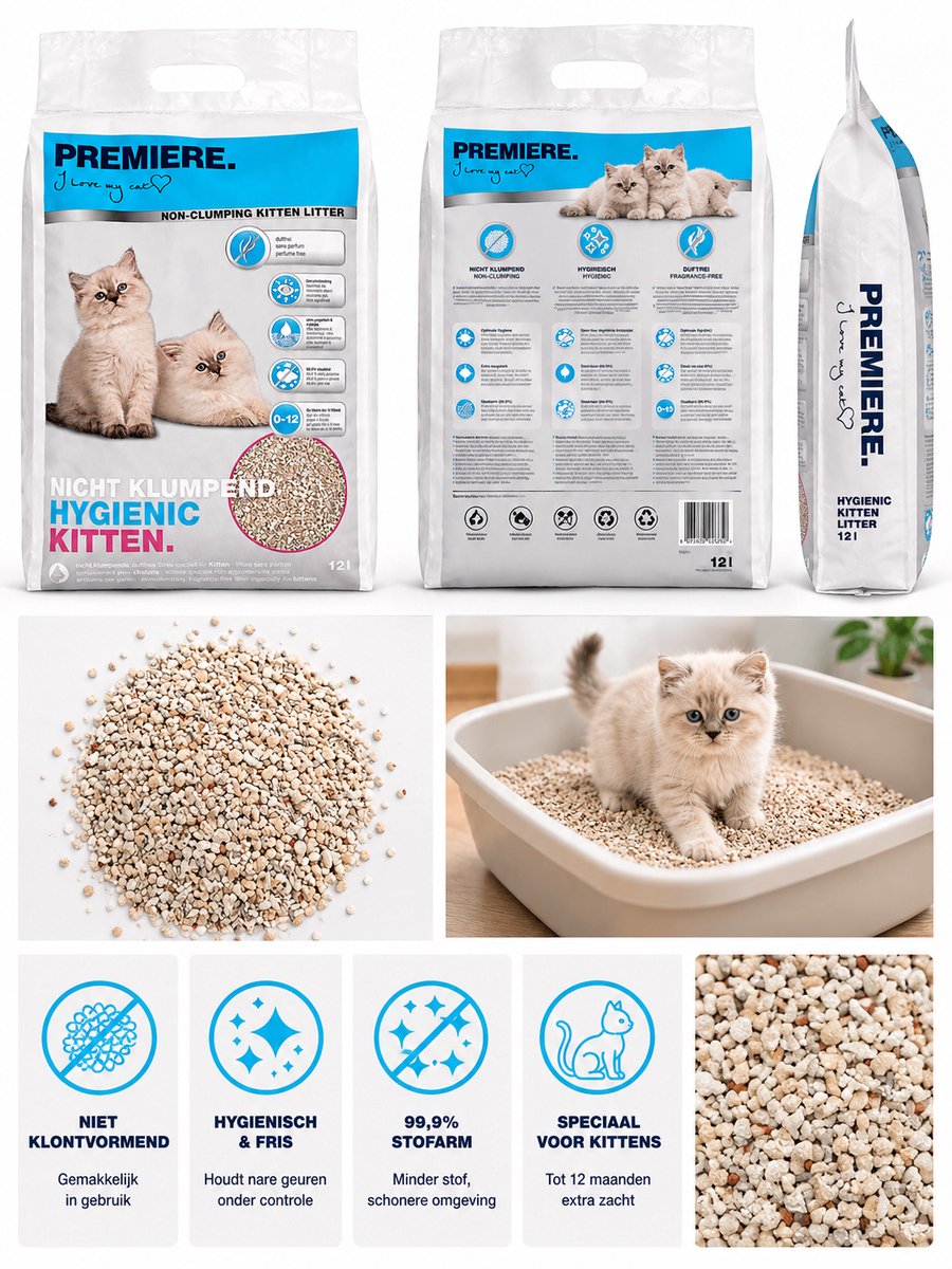 Productfoto 1 van Premiere Hygienic Kitten Kattenbakvulling 12L – Niet Klontvormend – Geurvrij - Kattengrind - Kattenbak
