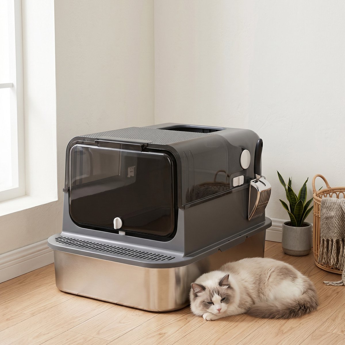 Miniatuur van productfoto 10 van Kattenbak RVS met Deksel XXL 72L - Ideaal voor grote en meerdere katten - Dubbele deuren - Pedaalbediening - Lekbestendig ontwerp - Inclusief schep