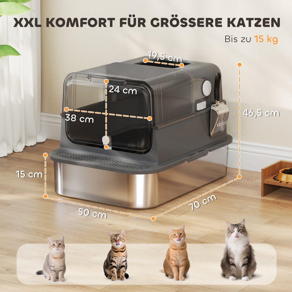 Miniatuur van productfoto 4 van Kattenbak RVS met Deksel XXL 72L - Ideaal voor grote en meerdere katten - Dubbele deuren - Pedaalbediening - Lekbestendig ontwerp - Inclusief schep