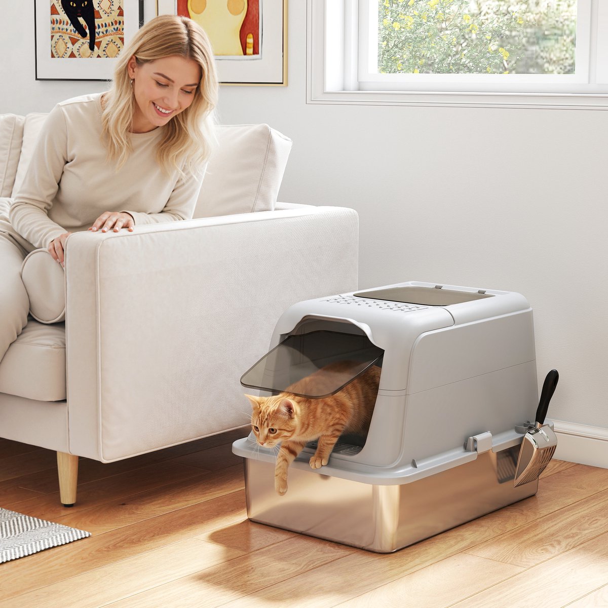 Miniatuur van productfoto 2 van Kattenbak met deksel - Vooringang - Bovenuitgang - Inclusief schep - Roestvrij staal - Tot 8 kg