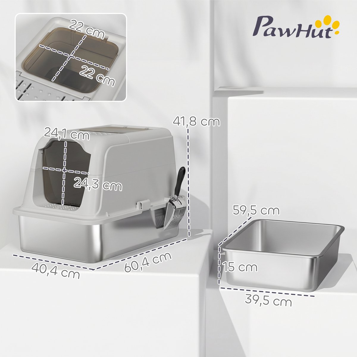 Miniatuur van productfoto 4 van Kattenbak met deksel - Vooringang - Bovenuitgang - Inclusief schep - Roestvrij staal - Tot 8 kg