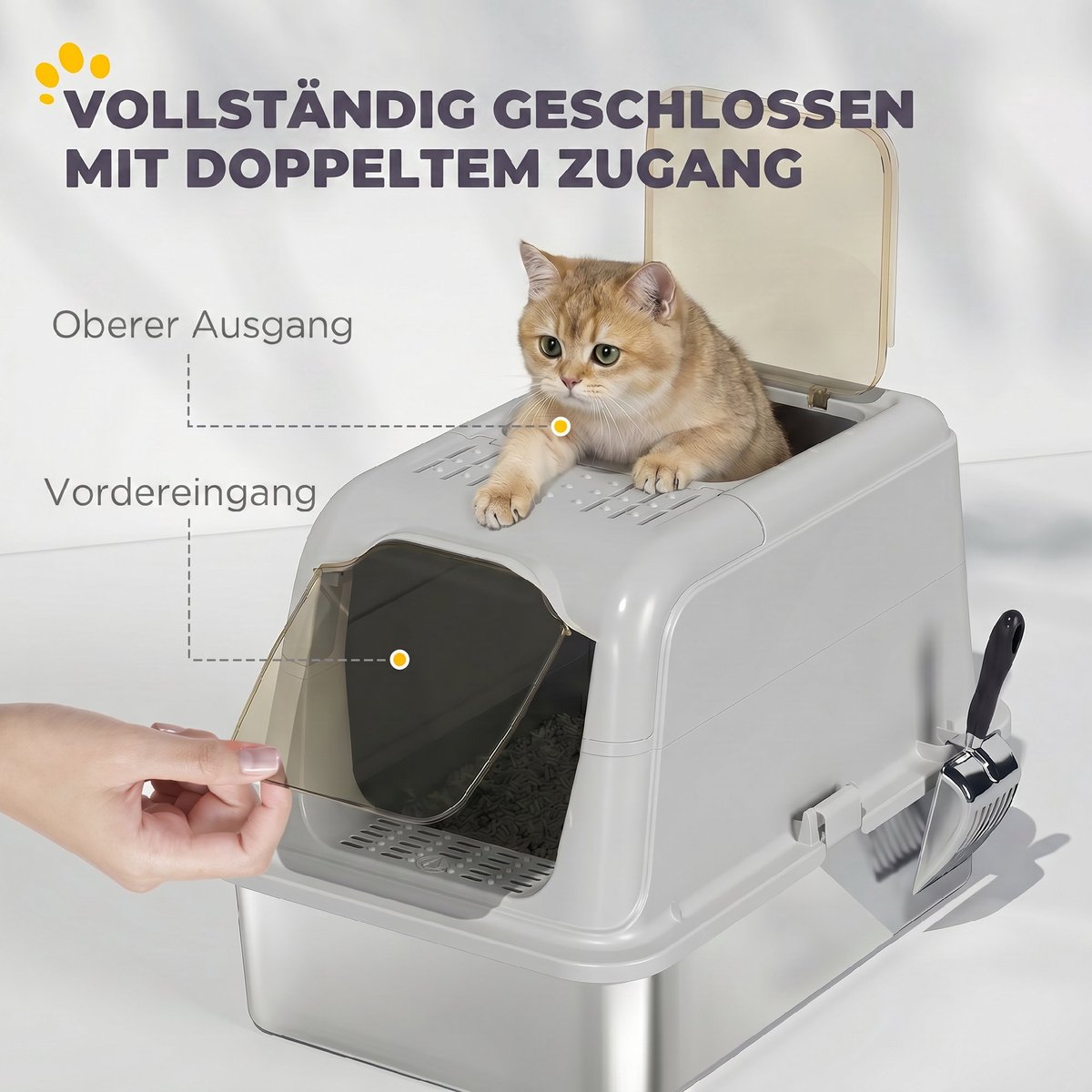 Miniatuur van productfoto 6 van Kattenbak met deksel - Vooringang - Bovenuitgang - Inclusief schep - Roestvrij staal - Tot 8 kg