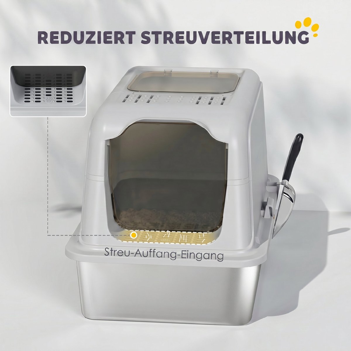 Miniatuur van productfoto 7 van Kattenbak met deksel - Vooringang - Bovenuitgang - Inclusief schep - Roestvrij staal - Tot 8 kg