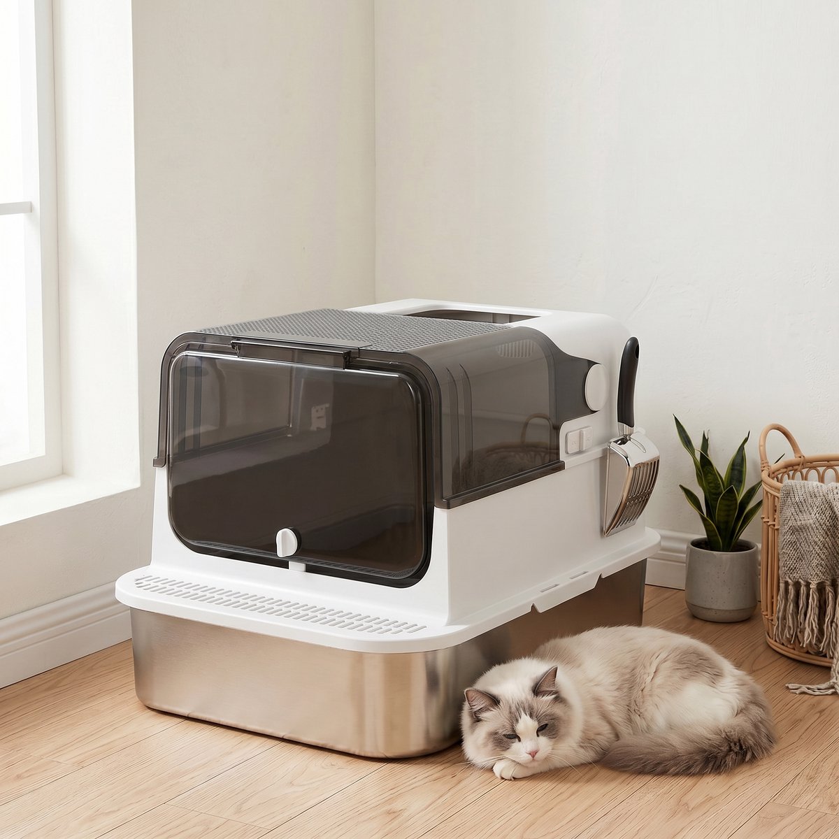 Miniatuur van productfoto 10 van Kattenbak roestvrij staal met deksel XXL 72L - voor grote en meerdere katten - dubbele deuren - pedaalbediening - lekvrij ontwerp - inclusief schep