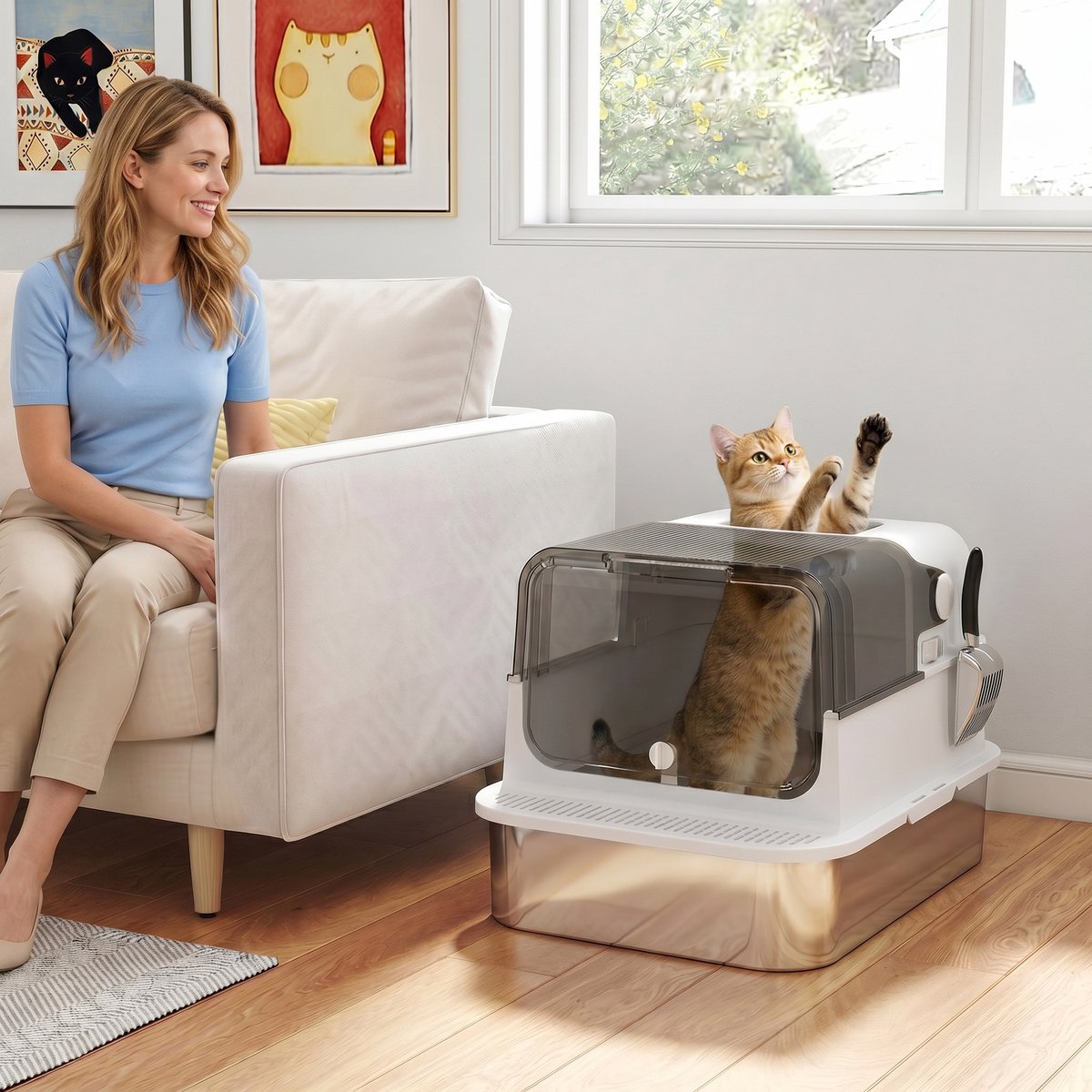 Miniatuur van productfoto 3 van Kattenbak roestvrij staal met deksel XXL 72L - voor grote en meerdere katten - dubbele deuren - pedaalbediening - lekvrij ontwerp - inclusief schep