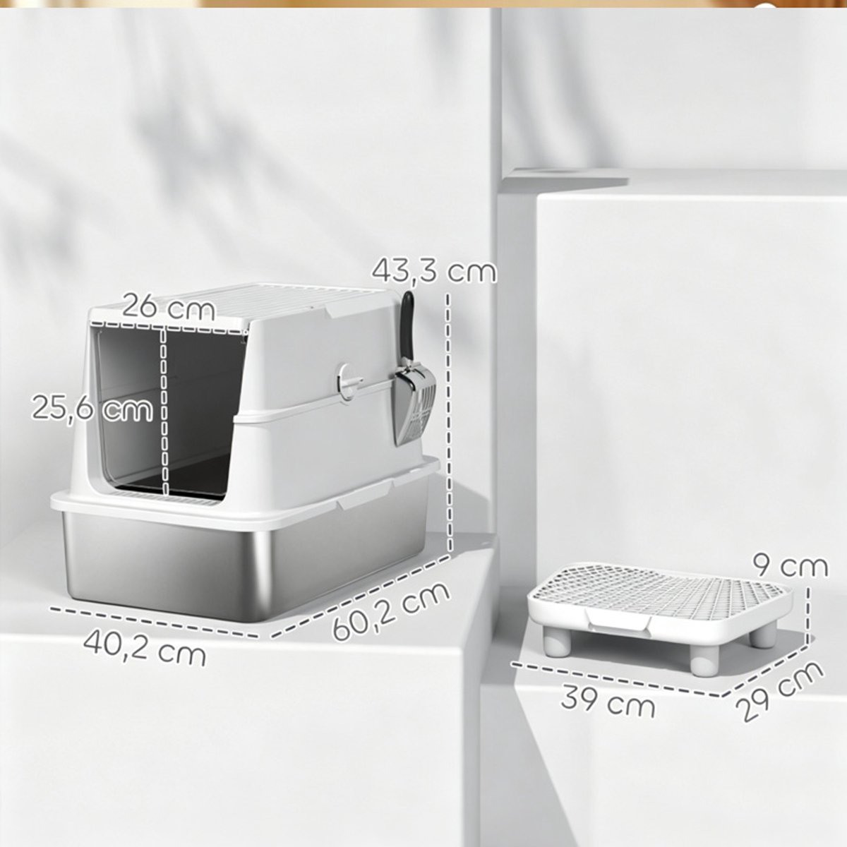 Productfoto 1 van Kattenbak Roestvrijstalen XL - Grote binnenruimte - Inclusief schep - Lichtgrijs - Duurzaam materiaal - Eenvoudig schoon te maken