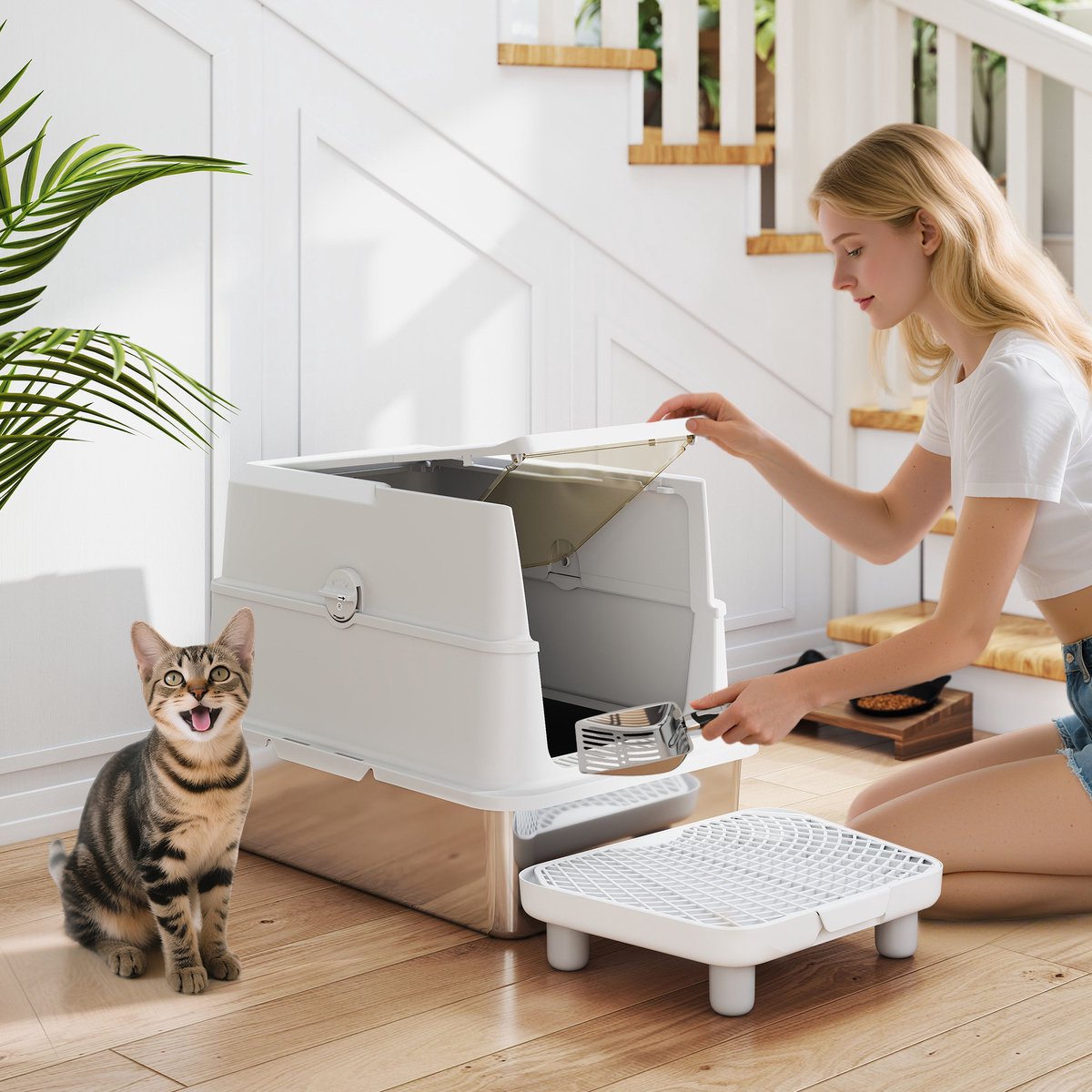 Miniatuur van productfoto 3 van Kattenbak Roestvrijstalen XL - Grote binnenruimte - Inclusief schep - Lichtgrijs - Duurzaam materiaal - Eenvoudig schoon te maken
