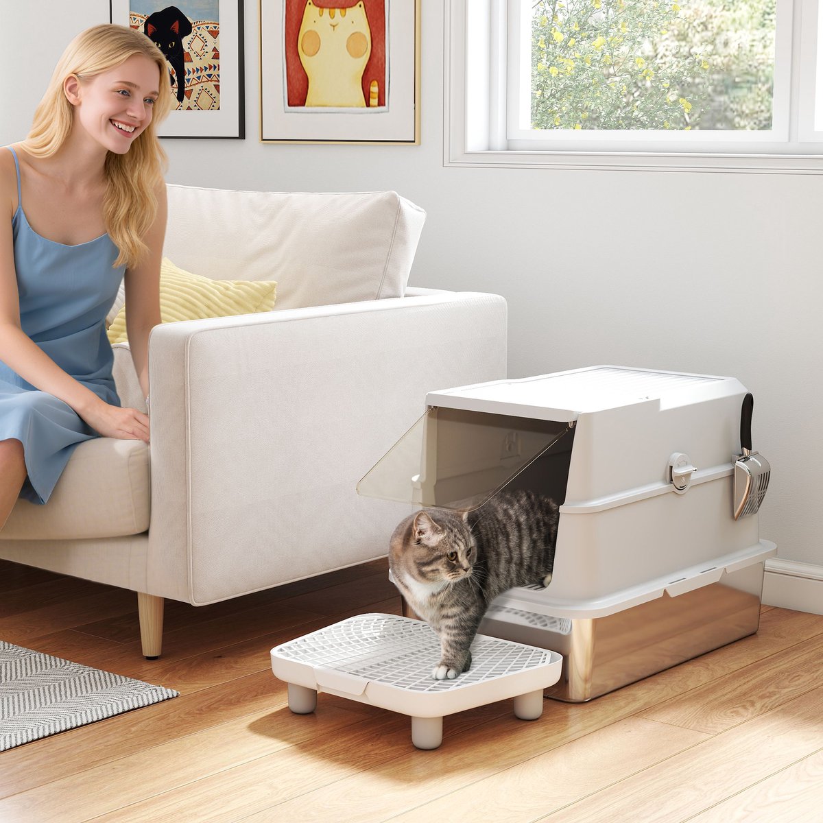 Miniatuur van productfoto 4 van Kattenbak Roestvrijstalen XL - Grote binnenruimte - Inclusief schep - Lichtgrijs - Duurzaam materiaal - Eenvoudig schoon te maken