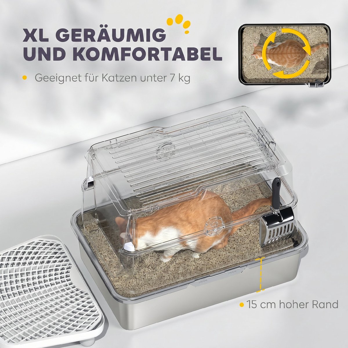 Miniatuur van productfoto 8 van Kattenbak Roestvrijstalen XL - Grote binnenruimte - Inclusief schep - Lichtgrijs - Duurzaam materiaal - Eenvoudig schoon te maken