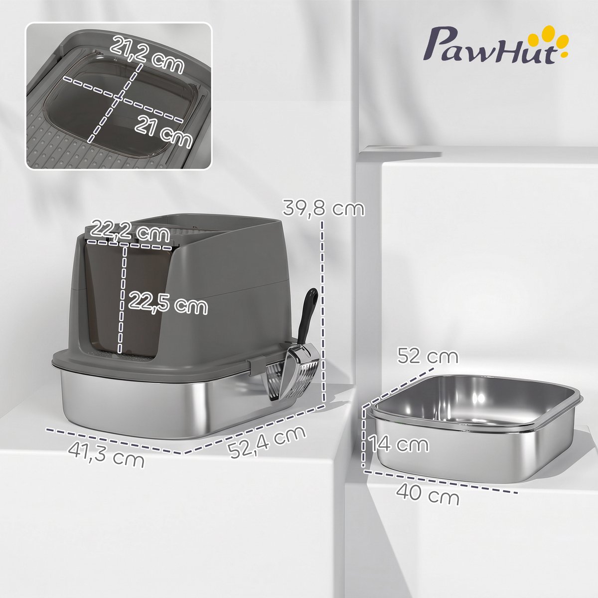 Miniatuur van productfoto 4 van Grote roestvrijstalen kattenbak - gesloten ontwerp - metalen schep - geurzakje - donkergrijs - groot formaat