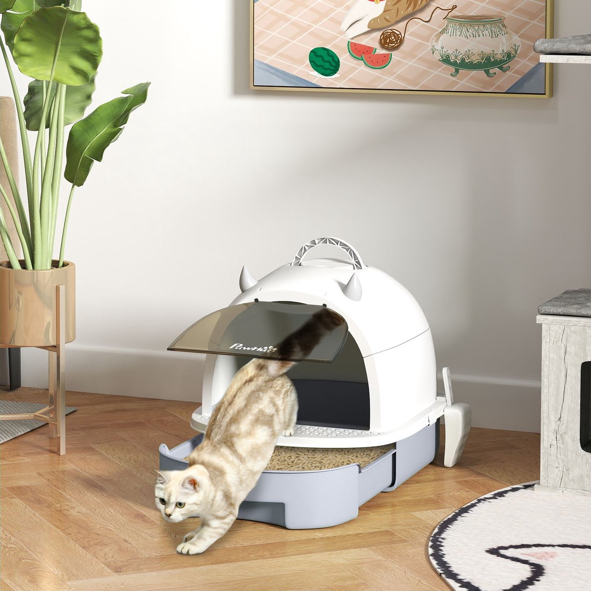 Miniatuur van productfoto 2 van Grijze kattenbak met deksel - Met schep - Met bodemschuif - Met ingangspedaal - Voor katten tot 5 kg - Afmeting 40,5x52x39 cm