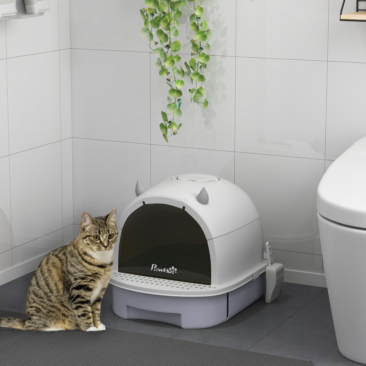 Miniatuur van productfoto 3 van Grijze kattenbak met deksel - Met schep - Met bodemschuif - Met ingangspedaal - Voor katten tot 5 kg - Afmeting 40,5x52x39 cm