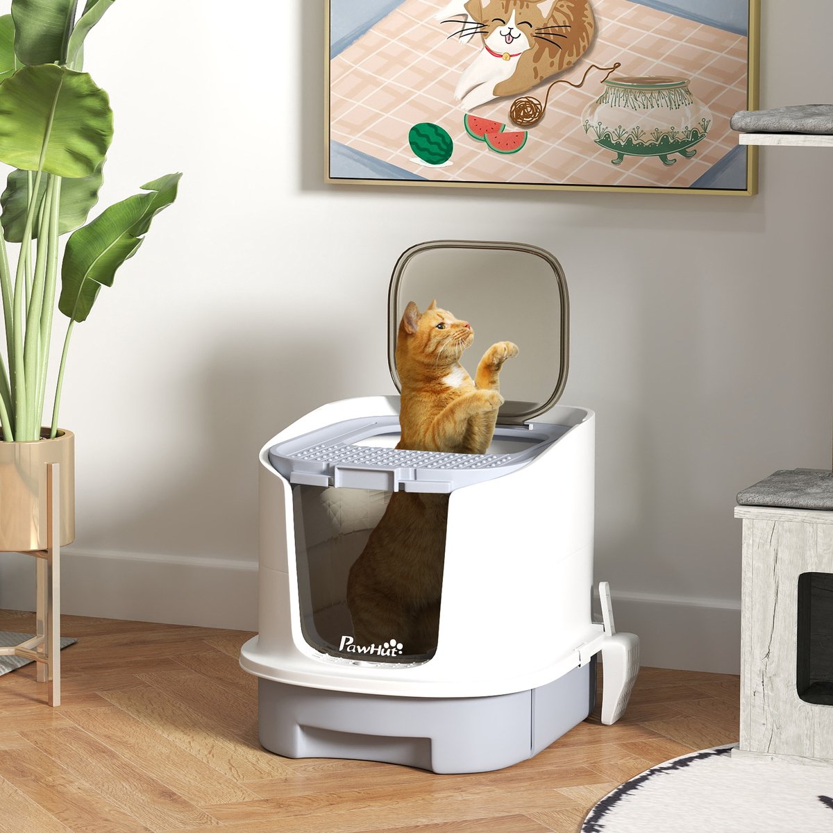 Miniatuur van productfoto 2 van Kattenbak met deksel en bovenliggende ingang - Uitschuifbare lade - Inclusief schep - Geschikt voor katten tot 4,5 kg - Afmetingen 40,5x52,5x42,5 cm - Kleur grijs
