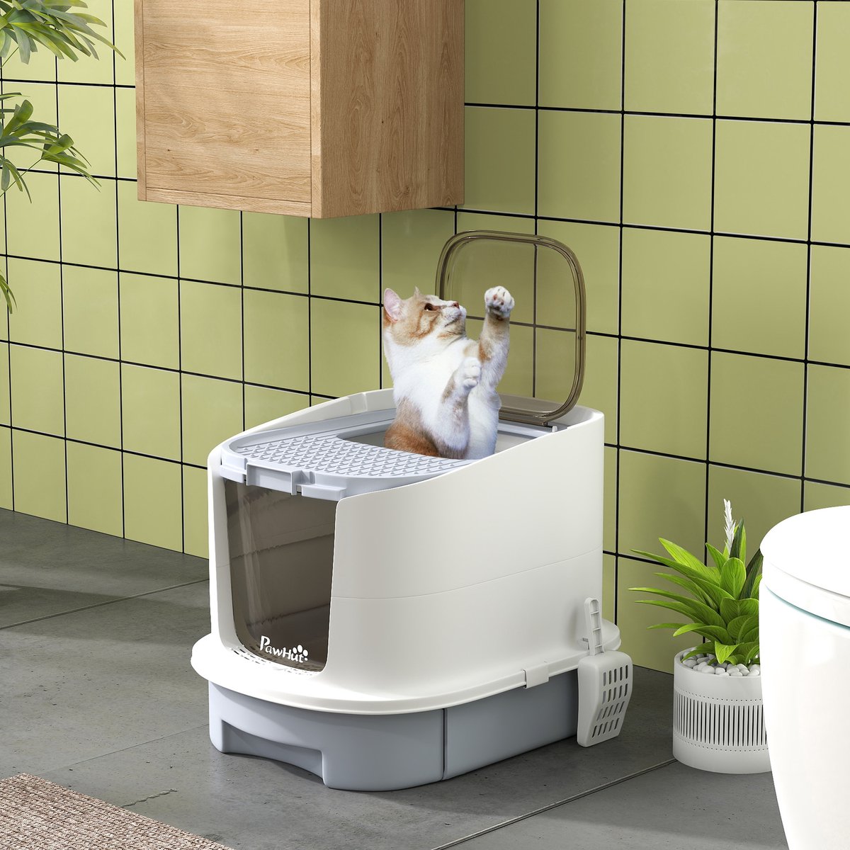 Miniatuur van productfoto 3 van Kattenbak met deksel en bovenliggende ingang - Uitschuifbare lade - Inclusief schep - Geschikt voor katten tot 4,5 kg - Afmetingen 40,5x52,5x42,5 cm - Kleur grijs