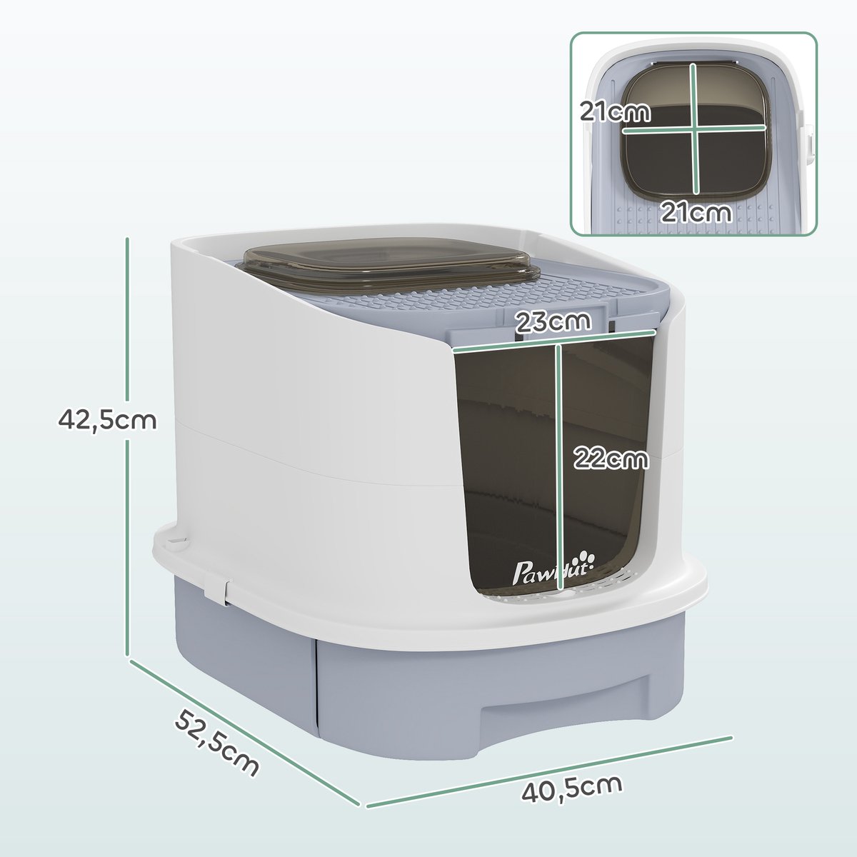 Miniatuur van productfoto 4 van Kattenbak met deksel en bovenliggende ingang - Uitschuifbare lade - Inclusief schep - Geschikt voor katten tot 4,5 kg - Afmetingen 40,5x52,5x42,5 cm - Kleur grijs