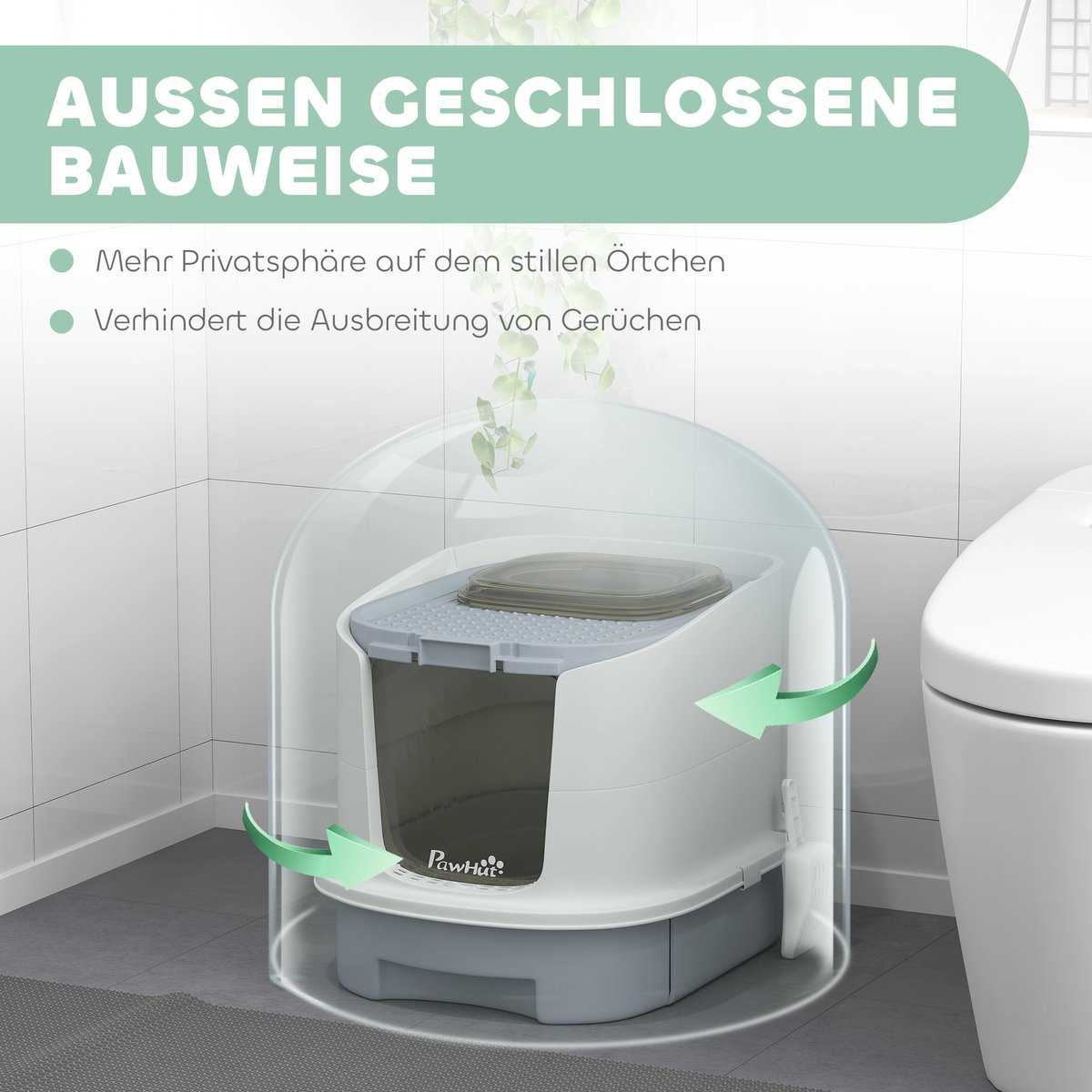 Miniatuur van productfoto 5 van Kattenbak met deksel en bovenliggende ingang - Uitschuifbare lade - Inclusief schep - Geschikt voor katten tot 4,5 kg - Afmetingen 40,5x52,5x42,5 cm - Kleur grijs