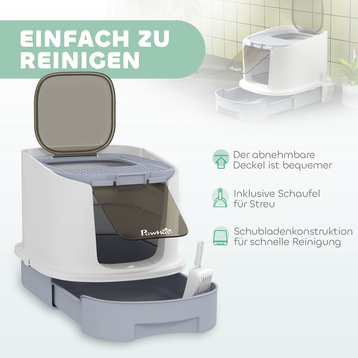 Miniatuur van productfoto 6 van Kattenbak met deksel en bovenliggende ingang - Uitschuifbare lade - Inclusief schep - Geschikt voor katten tot 4,5 kg - Afmetingen 40,5x52,5x42,5 cm - Kleur grijs