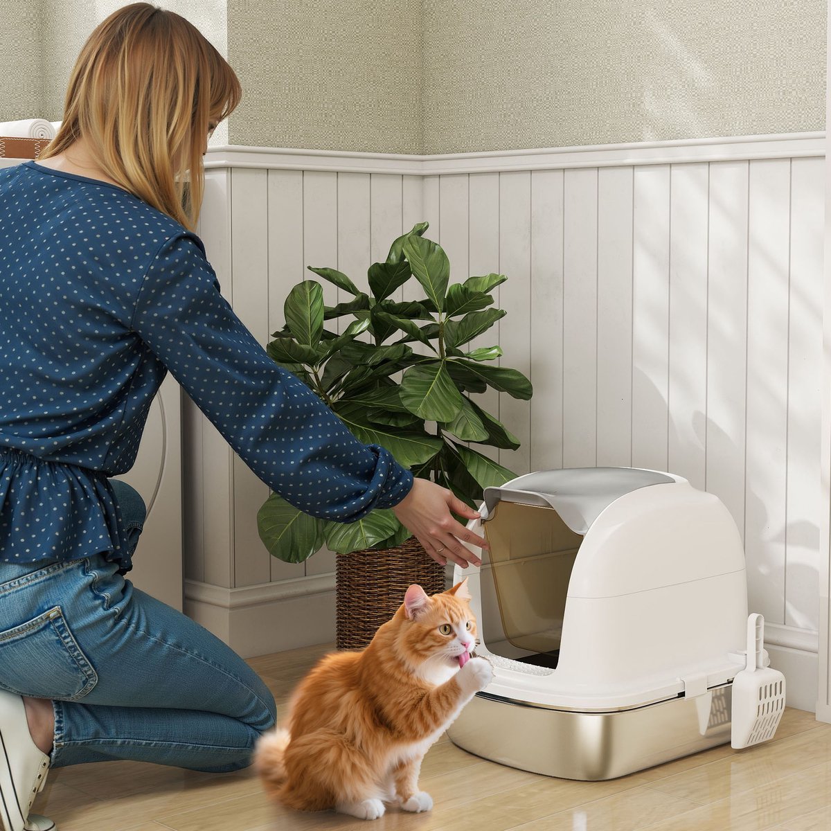Miniatuur van productfoto 2 van Kattenbak Roestvrijstaal met deksel - Inclusief opvangbak en schepje - Voor katten tot 5 kg - Eenvoudig te reinigen - Afmetingen 52,4 x 41,3 x 42 cm - Kleur wit