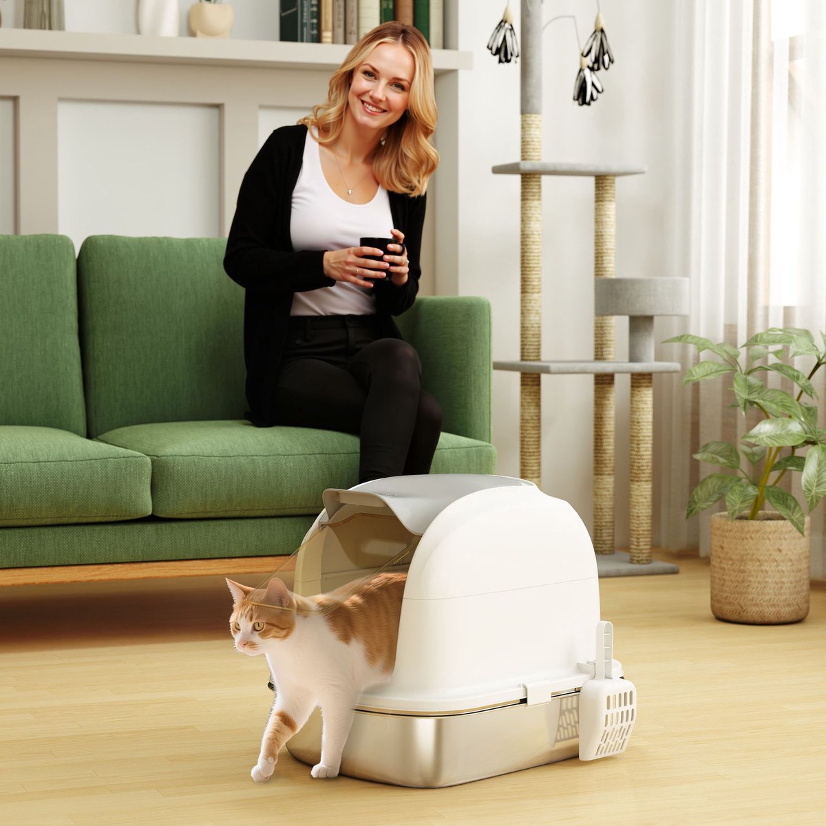 Miniatuur van productfoto 3 van Kattenbak Roestvrijstaal met deksel - Inclusief opvangbak en schepje - Voor katten tot 5 kg - Eenvoudig te reinigen - Afmetingen 52,4 x 41,3 x 42 cm - Kleur wit