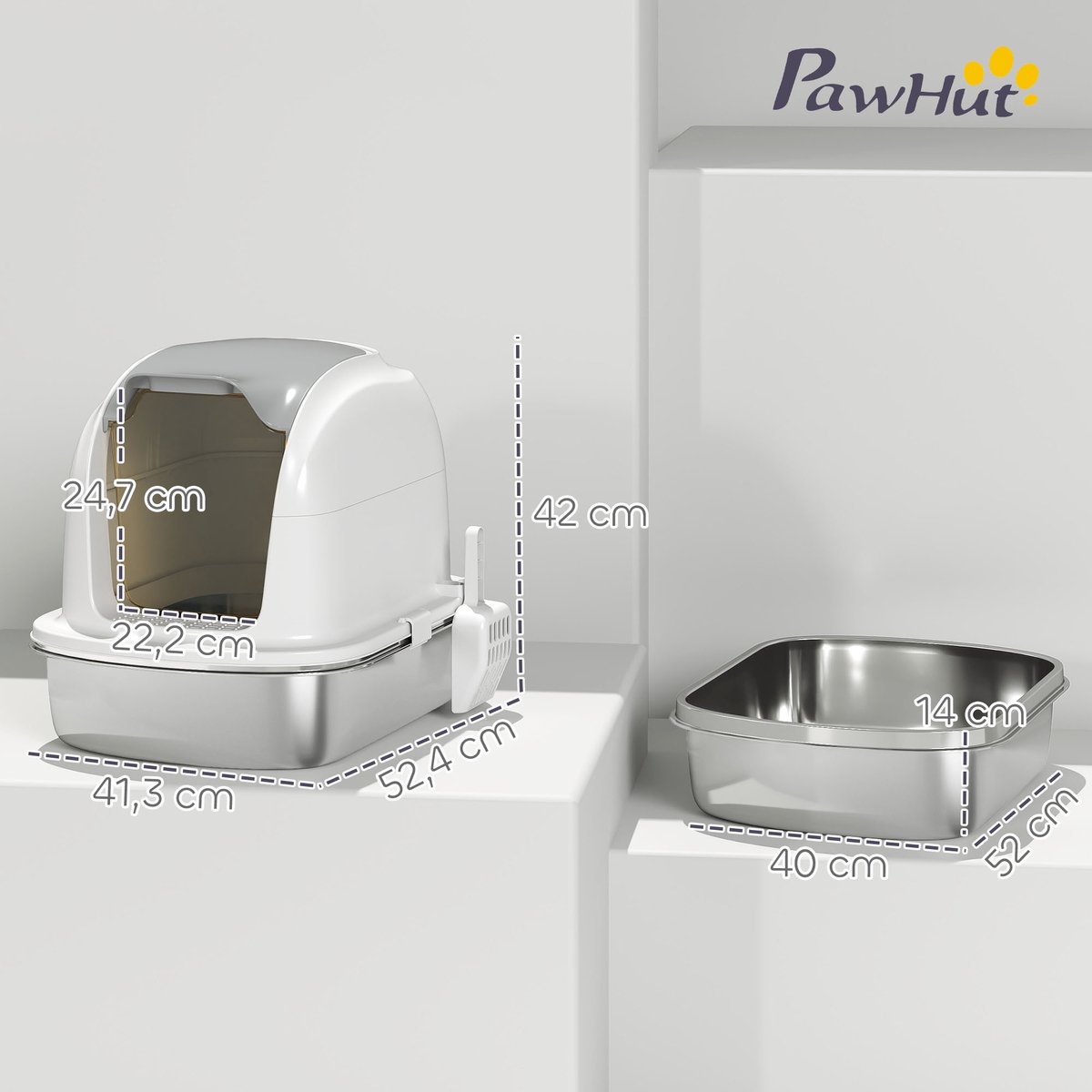 Miniatuur van productfoto 4 van Kattenbak Roestvrijstaal met deksel - Inclusief opvangbak en schepje - Voor katten tot 5 kg - Eenvoudig te reinigen - Afmetingen 52,4 x 41,3 x 42 cm - Kleur wit