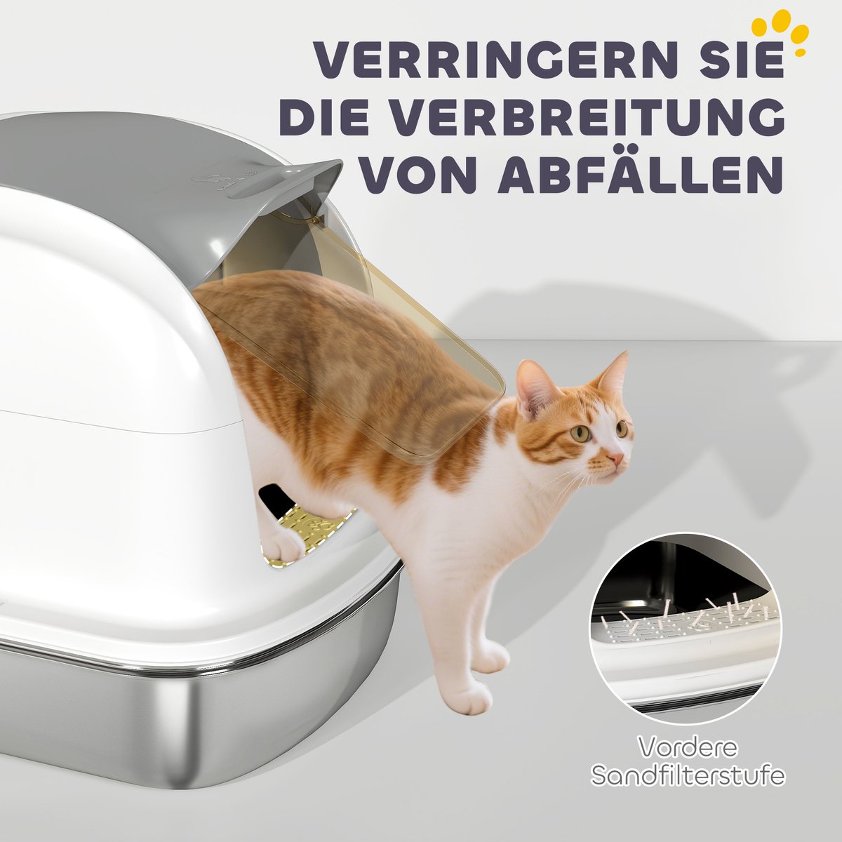 Miniatuur van productfoto 9 van Kattenbak Roestvrijstaal met deksel - Inclusief opvangbak en schepje - Voor katten tot 5 kg - Eenvoudig te reinigen - Afmetingen 52,4 x 41,3 x 42 cm - Kleur wit