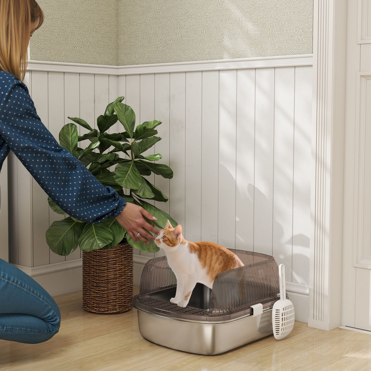 Miniatuur van productfoto 2 van Roestvrijstalen kattenbak met hoge rand - Inclusief schep - Geschikt voor grote katten - Afmetingen 53x42x27 cm - Kleur koolgrijs