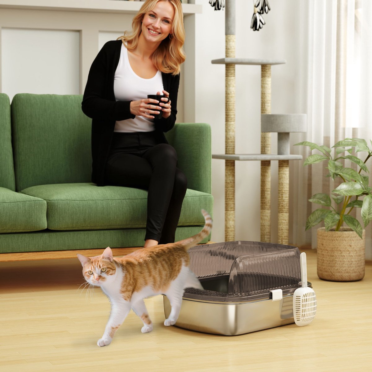 Miniatuur van productfoto 3 van Roestvrijstalen kattenbak met hoge rand - Inclusief schep - Geschikt voor grote katten - Afmetingen 53x42x27 cm - Kleur koolgrijs