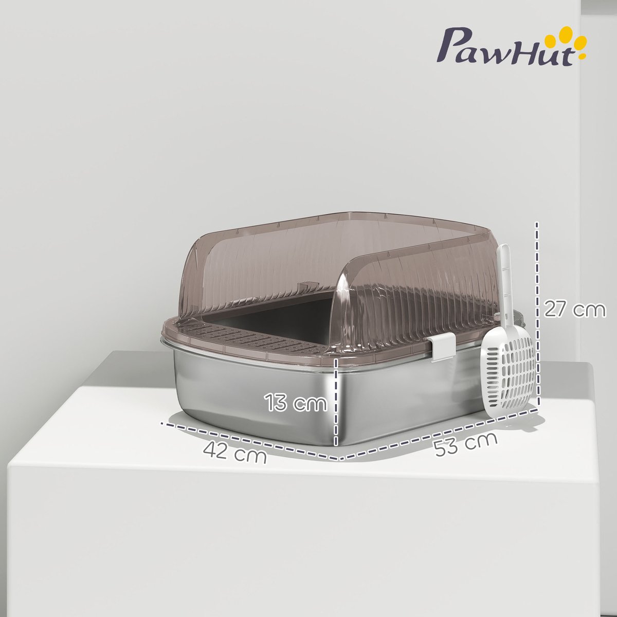 Miniatuur van productfoto 4 van Roestvrijstalen kattenbak met hoge rand - Inclusief schep - Geschikt voor grote katten - Afmetingen 53x42x27 cm - Kleur koolgrijs