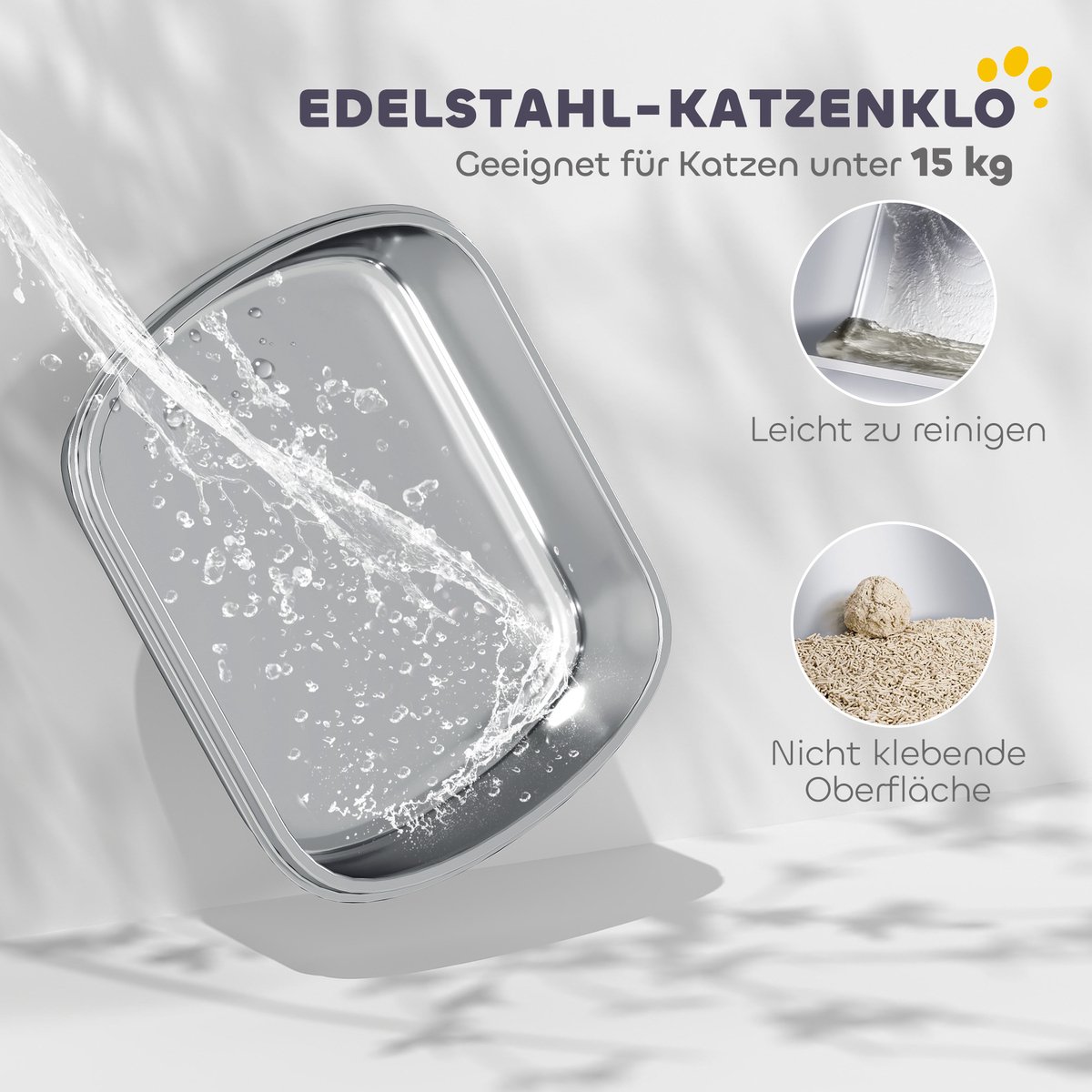 Miniatuur van productfoto 5 van Roestvrijstalen kattenbak met hoge rand - Inclusief schep - Geschikt voor grote katten - Afmetingen 53x42x27 cm - Kleur koolgrijs