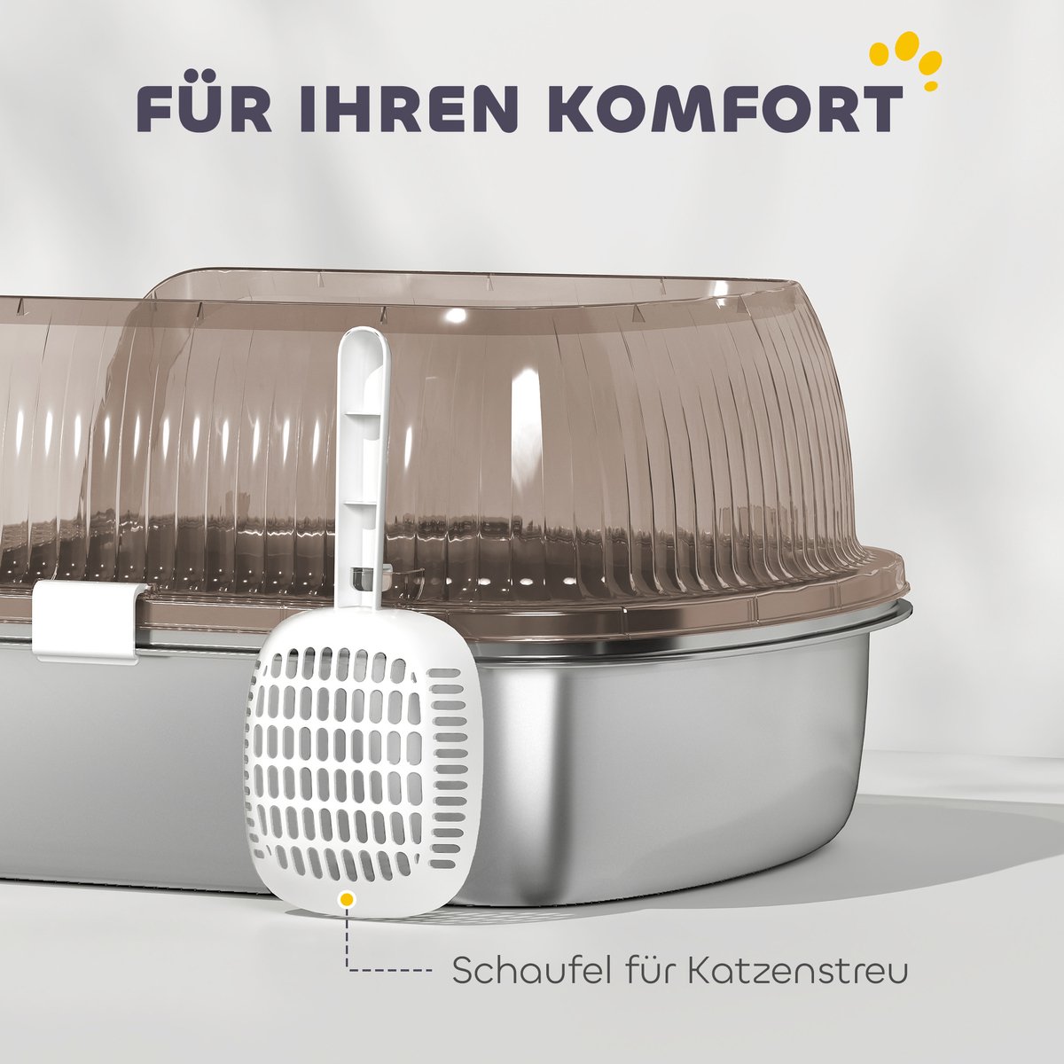 Miniatuur van productfoto 7 van Roestvrijstalen kattenbak met hoge rand - Inclusief schep - Geschikt voor grote katten - Afmetingen 53x42x27 cm - Kleur koolgrijs