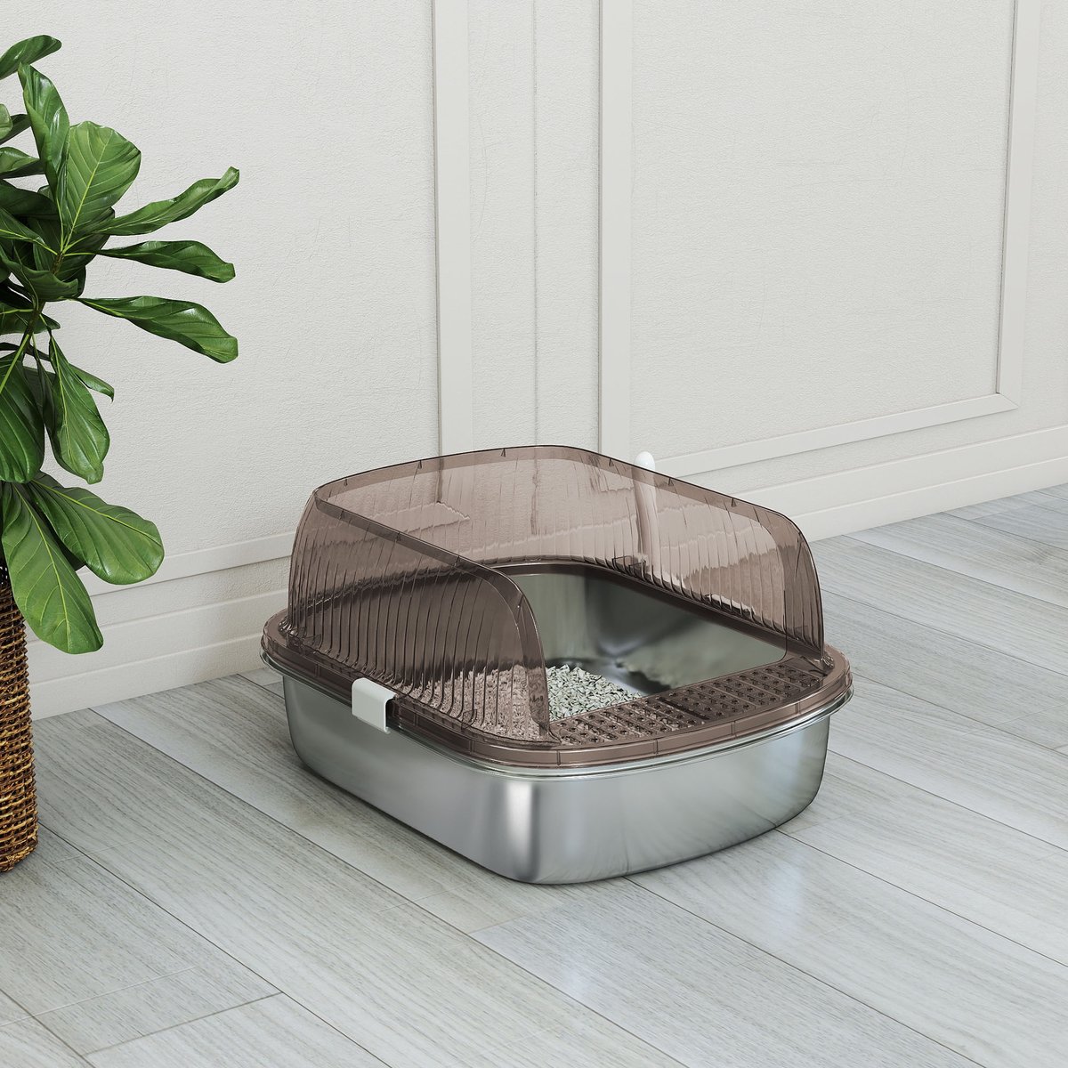 Miniatuur van productfoto 9 van Roestvrijstalen kattenbak met hoge rand - Inclusief schep - Geschikt voor grote katten - Afmetingen 53x42x27 cm - Kleur koolgrijs