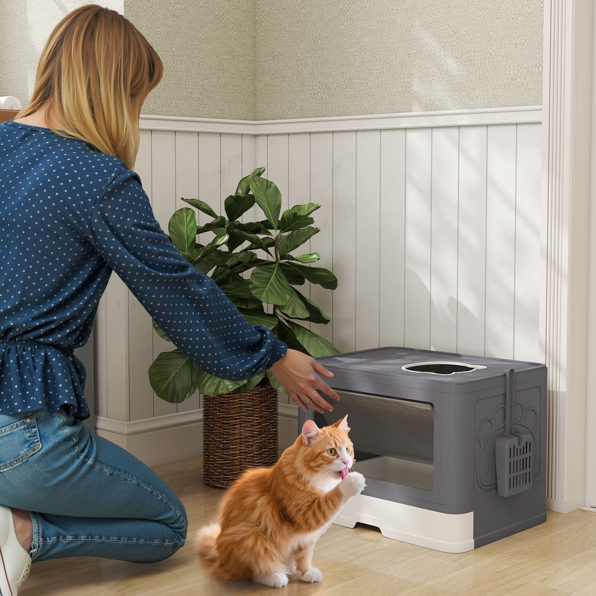 Miniatuur van productfoto 2 van Kattenbak met deksel en 2 uitgangen - Ruim formaat - Anti-geur - Eenvoudig schoon te maken - Afmeting 48,5x38x36,5 cm - Kleur grijs/wit