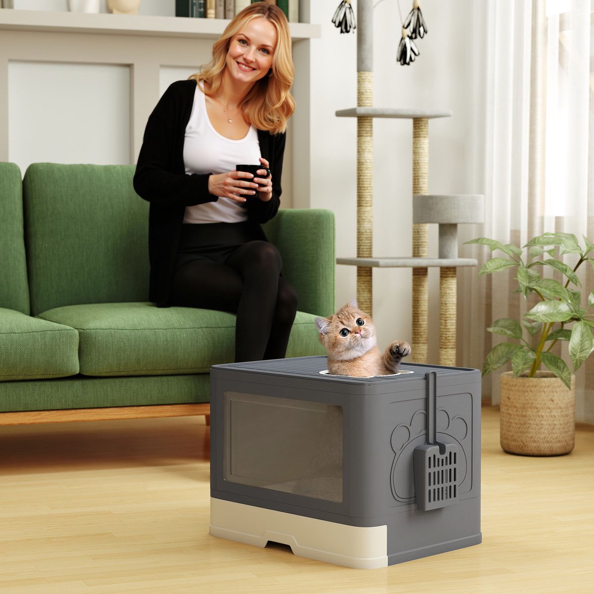 Miniatuur van productfoto 3 van Kattenbak met deksel en 2 uitgangen - Ruim formaat - Anti-geur - Eenvoudig schoon te maken - Afmeting 48,5x38x36,5 cm - Kleur grijs/wit