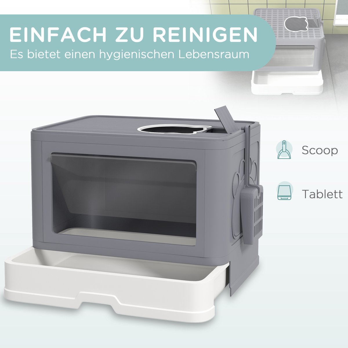 Miniatuur van productfoto 5 van Kattenbak met deksel en 2 uitgangen - Ruim formaat - Anti-geur - Eenvoudig schoon te maken - Afmeting 48,5x38x36,5 cm - Kleur grijs/wit