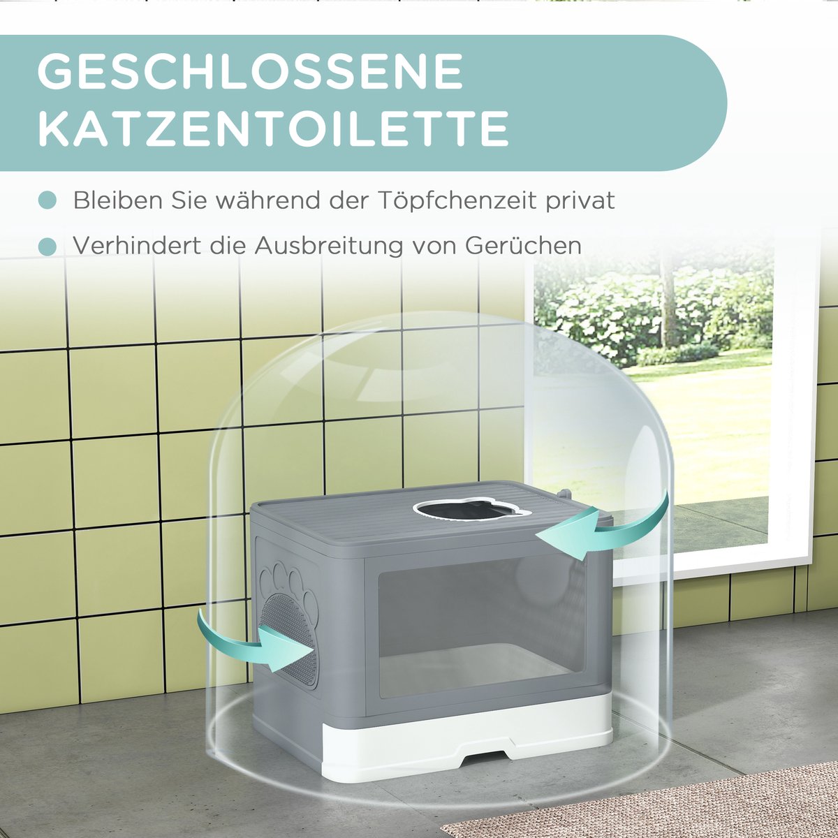 Miniatuur van productfoto 9 van Kattenbak met deksel en 2 uitgangen - Ruim formaat - Anti-geur - Eenvoudig schoon te maken - Afmeting 48,5x38x36,5 cm - Kleur grijs/wit