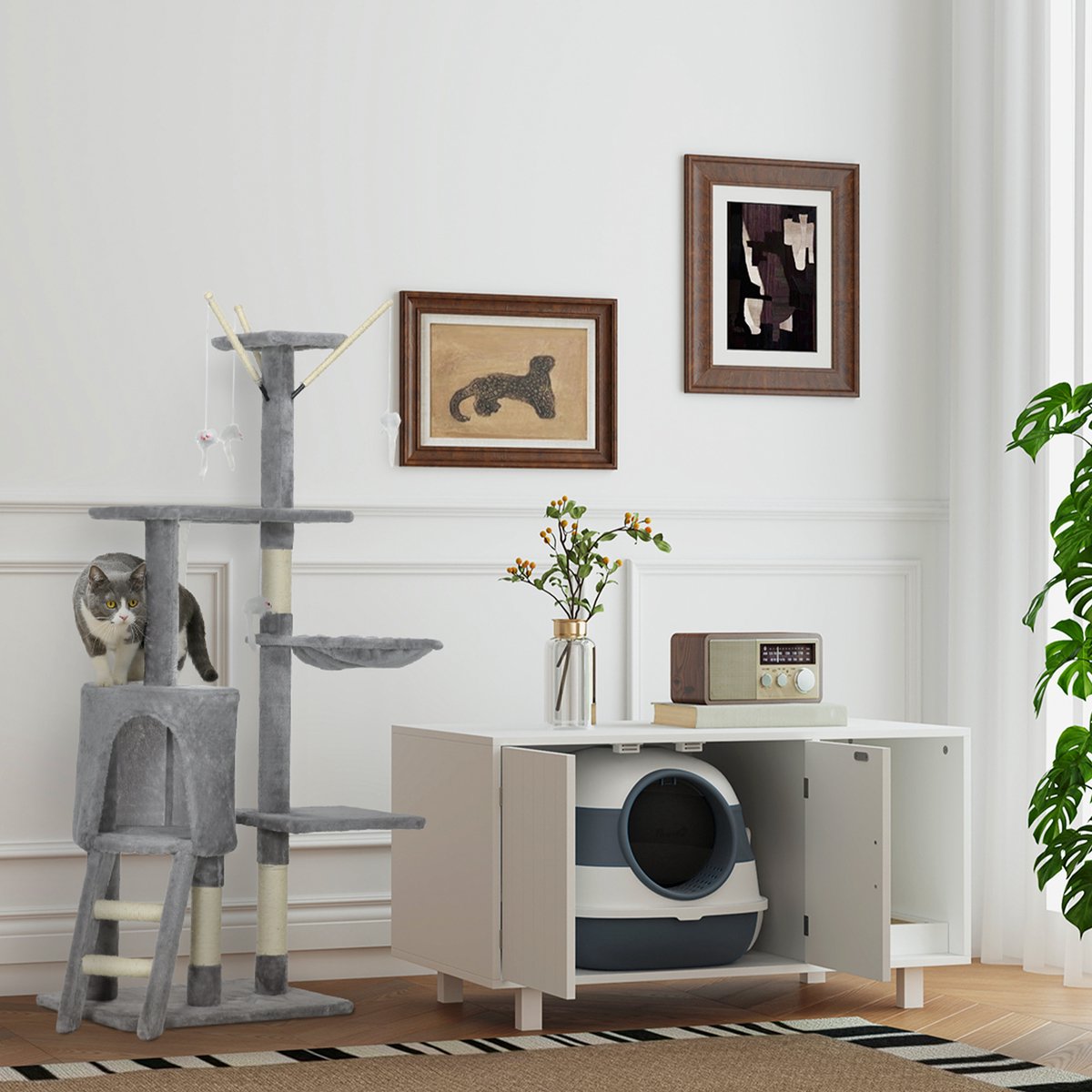 Miniatuur van productfoto 10 van Kattenbak - met schepje - ingang met bodemrooster - afneembaar deksel - wit/grijs - 52x41x38 cm