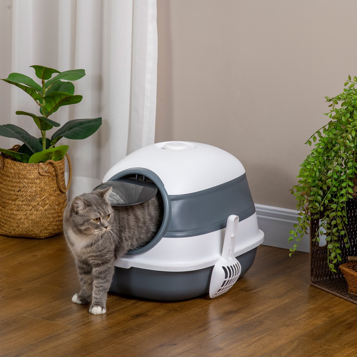 Miniatuur van productfoto 2 van Kattenbak - met schepje - ingang met bodemrooster - afneembaar deksel - wit/grijs - 52x41x38 cm