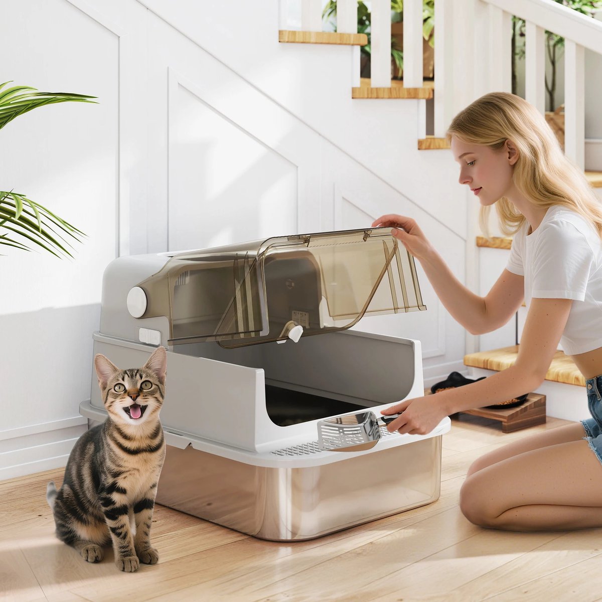 Miniatuur van productfoto 11 van Cellista XXL Kattenbak Grote Katten - RVS Kattenbak met Deksel - Geurloze Katten Toilet - Top Entry Kattenbak - Anti Lek - Inclusief Schep - 70 cm