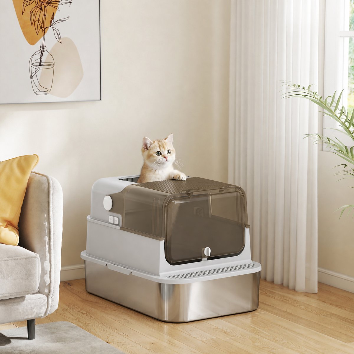 Miniatuur van productfoto 15 van Cellista XXL Kattenbak Grote Katten - RVS Kattenbak met Deksel - Geurloze Katten Toilet - Top Entry Kattenbak - Anti Lek - Inclusief Schep - 70 cm