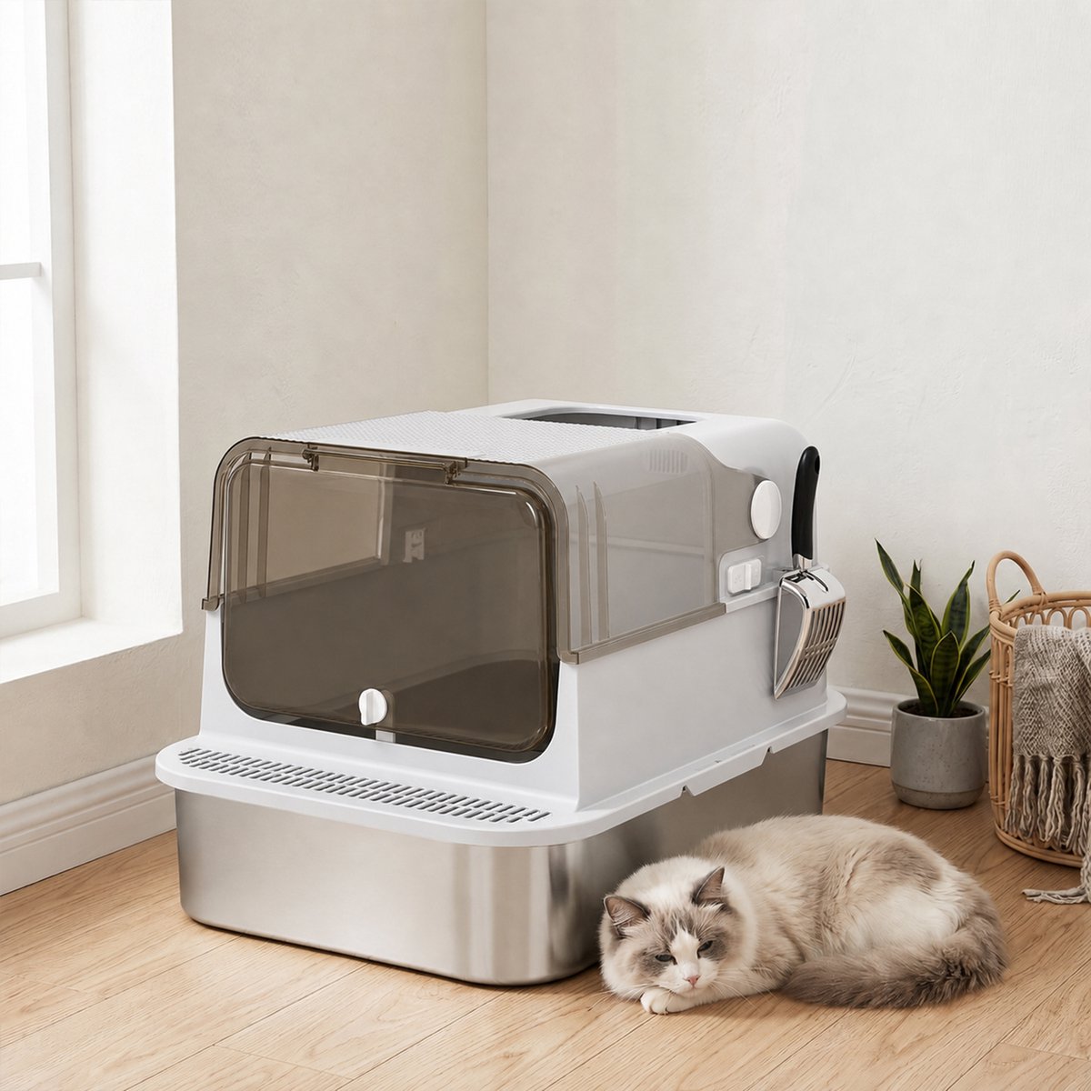 Miniatuur van productfoto 3 van Cellista XXL Kattenbak Grote Katten - RVS Kattenbak met Deksel - Geurloze Katten Toilet - Top Entry Kattenbak - Anti Lek - Inclusief Schep - 70 cm