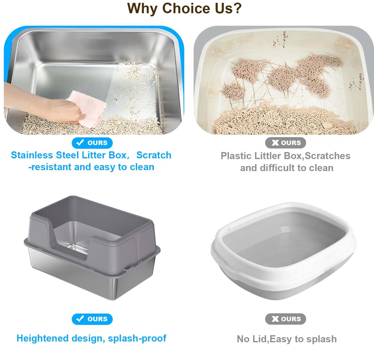 Productfoto 1 van RVS kattenbak - Extra grote metalen kattenbak met hoge randen - geurcontrole - antislip pootjes & schepje - makkelijk te reinigen - 50x35x23 cm - Grijs