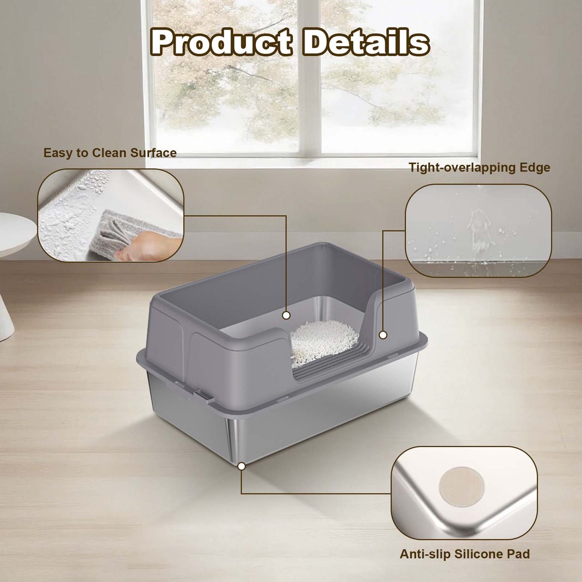 Miniatuur van productfoto 2 van RVS kattenbak - Extra grote metalen kattenbak met hoge randen - geurcontrole - antislip pootjes & schepje - makkelijk te reinigen - 50x35x23 cm - Grijs